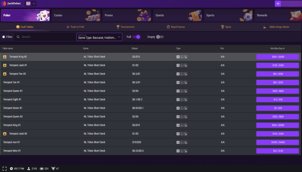 short deck poker lobby