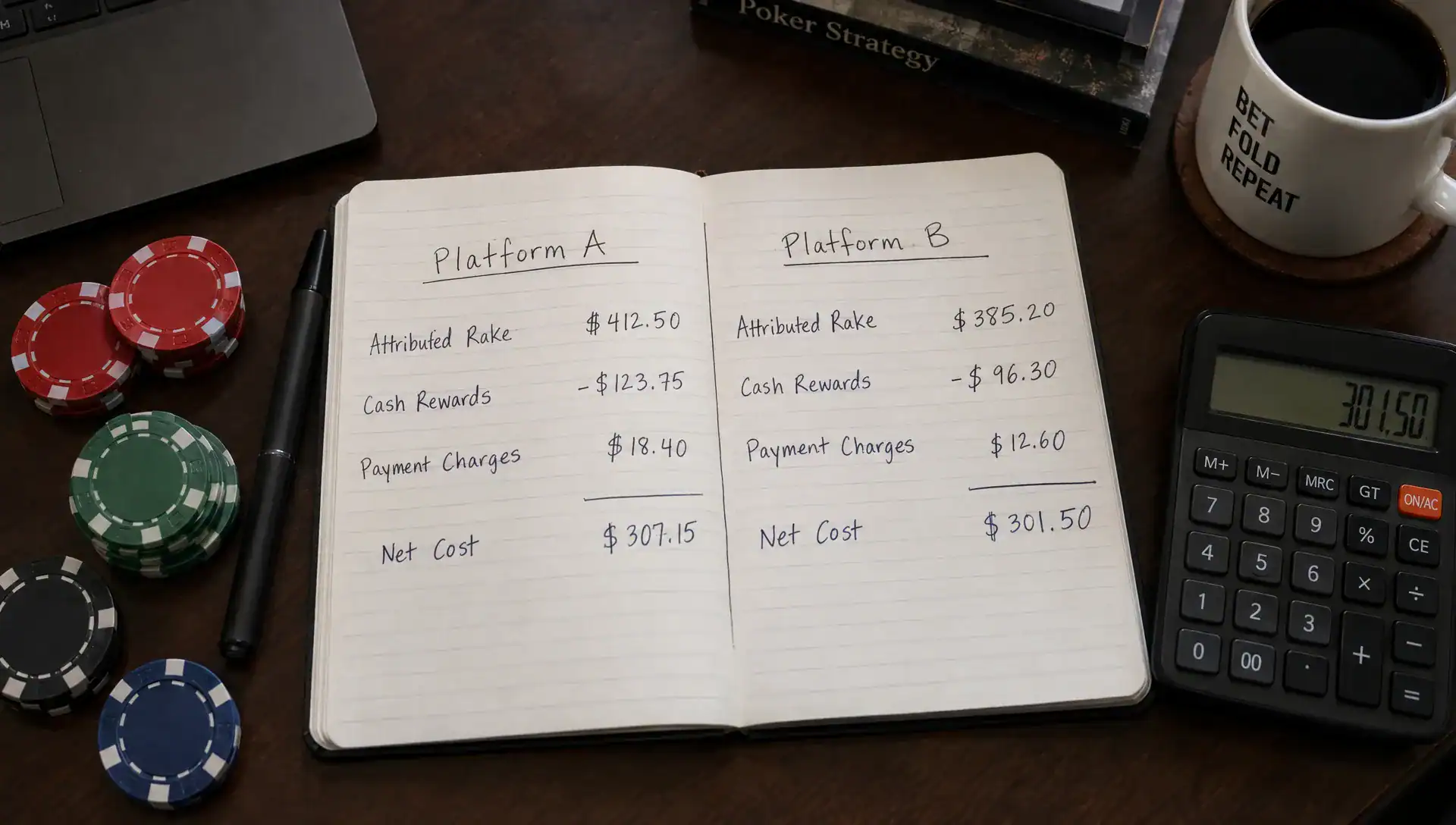 A notebook lays out two poker platform cost comparisons, with rake, withdrawable rewards, payment charges, chips, and a calculator.
