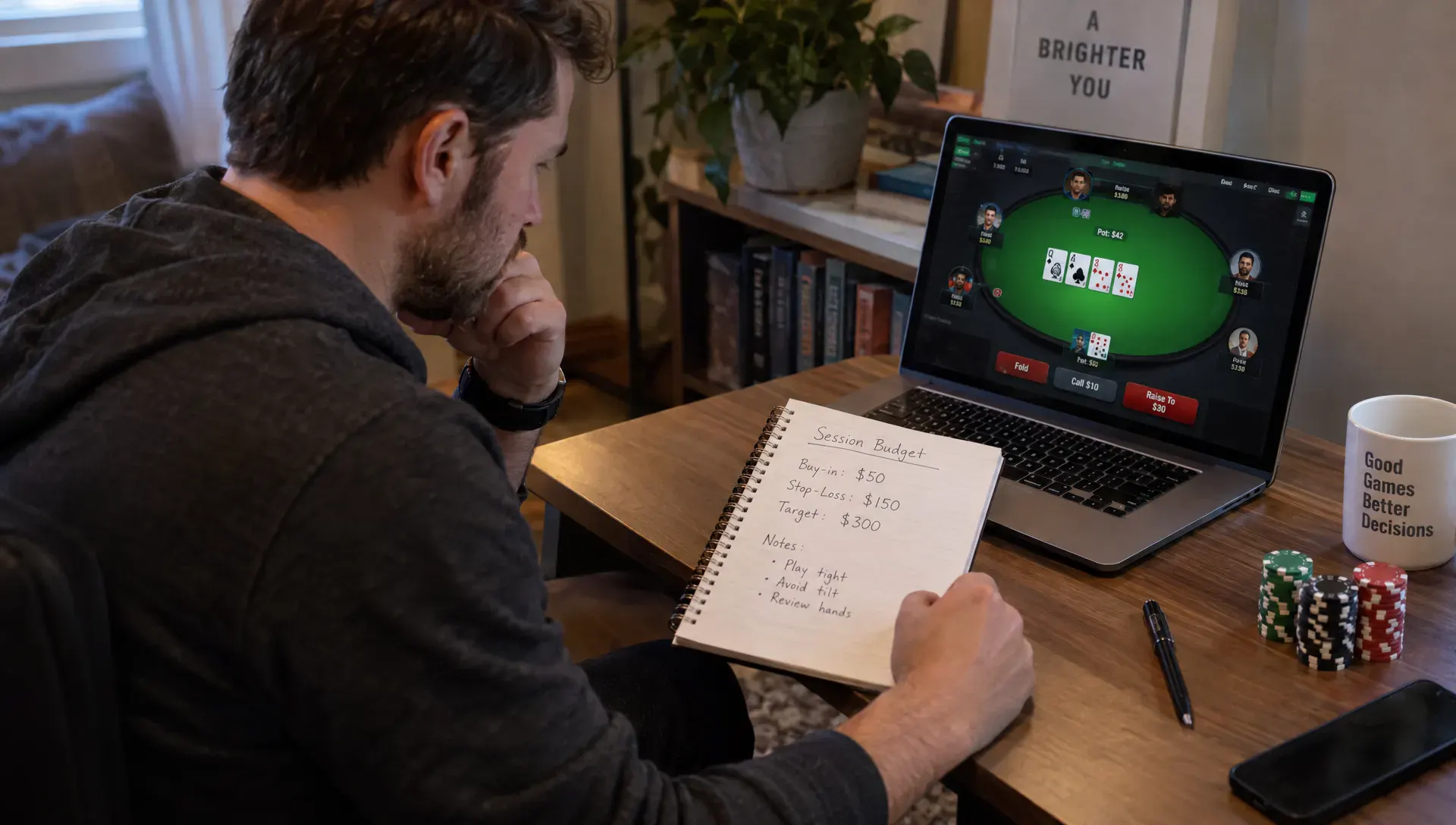 A player checks a written session budget before internet poker, with a laptop showing one table and chips nearby.