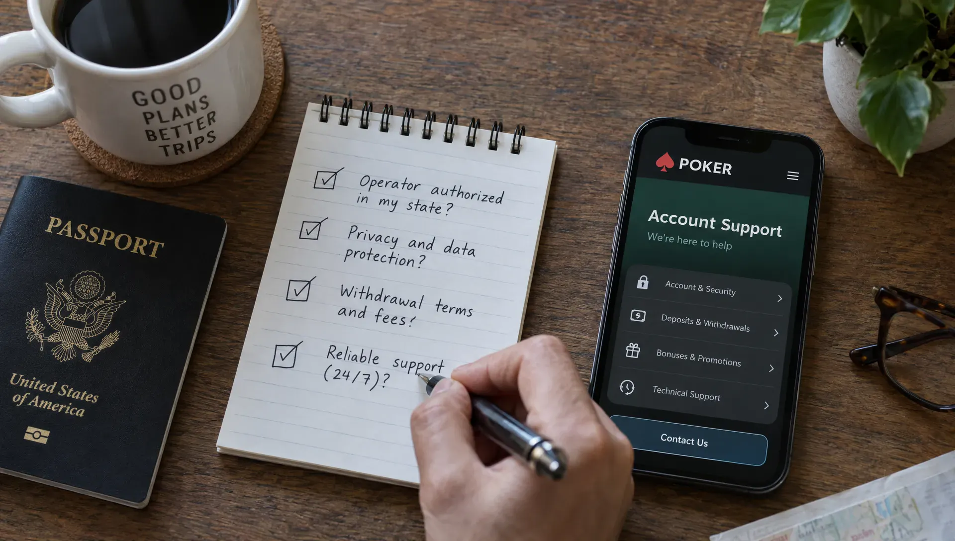 A player checks licensing, privacy, withdrawal terms, and support before uploading ID to good poker sites.