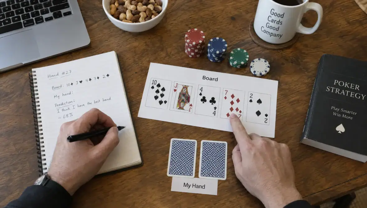A player writes a hand prediction beside board cards and play chips during a focused poker drill.