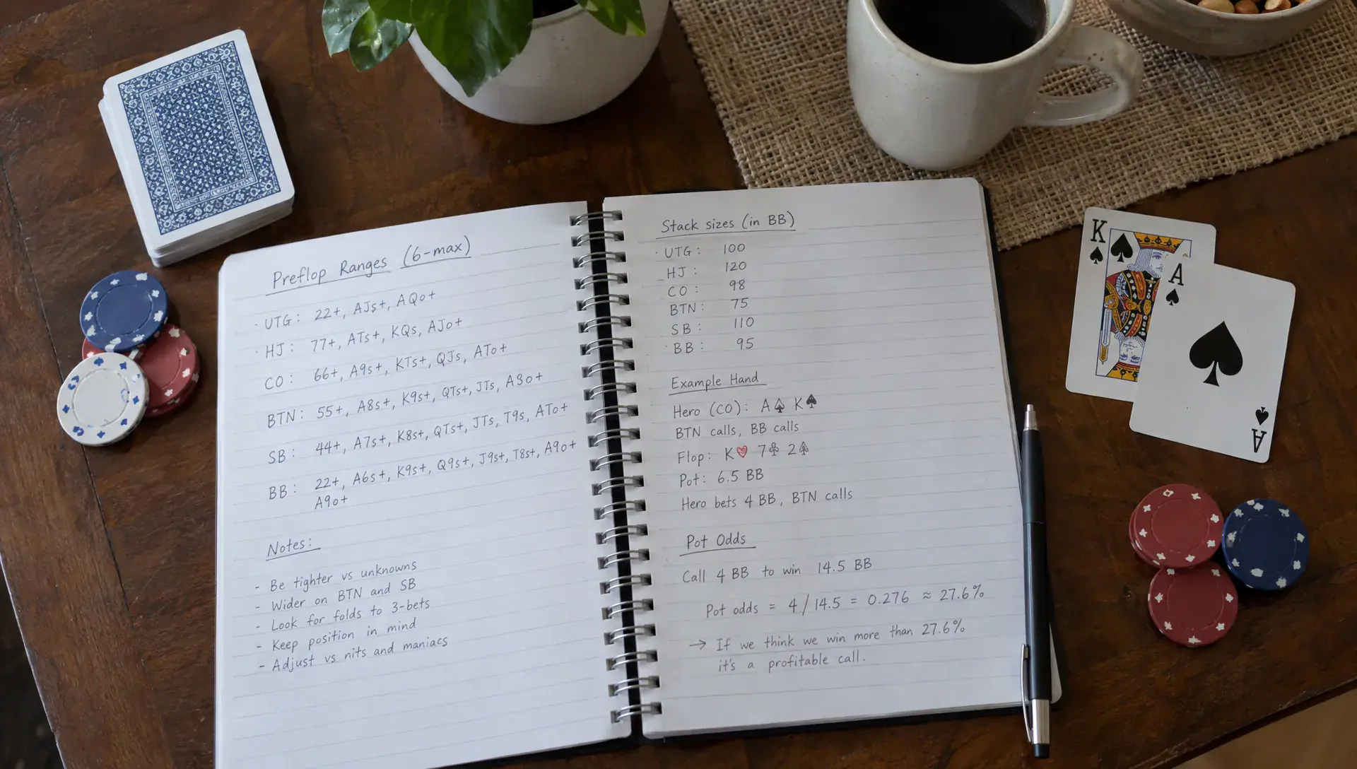 A poker notebook records starting hands, big-blind stack sizes, and pot odds beside cards and practice chips.
