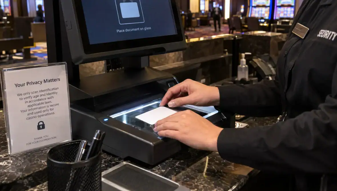 A staff member positions a sample card on a document scanner at a security station used for identity checks.