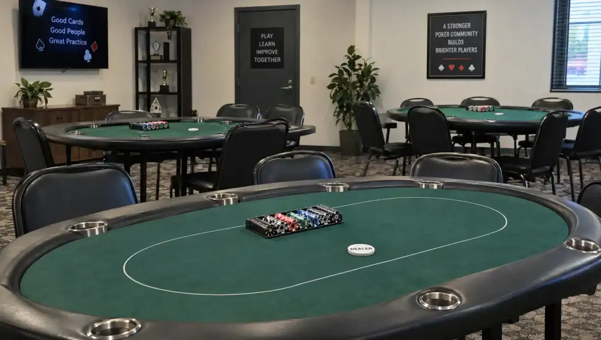 An empty poker room is set for practice, with felt tables, chairs, and chip trays ready for play.