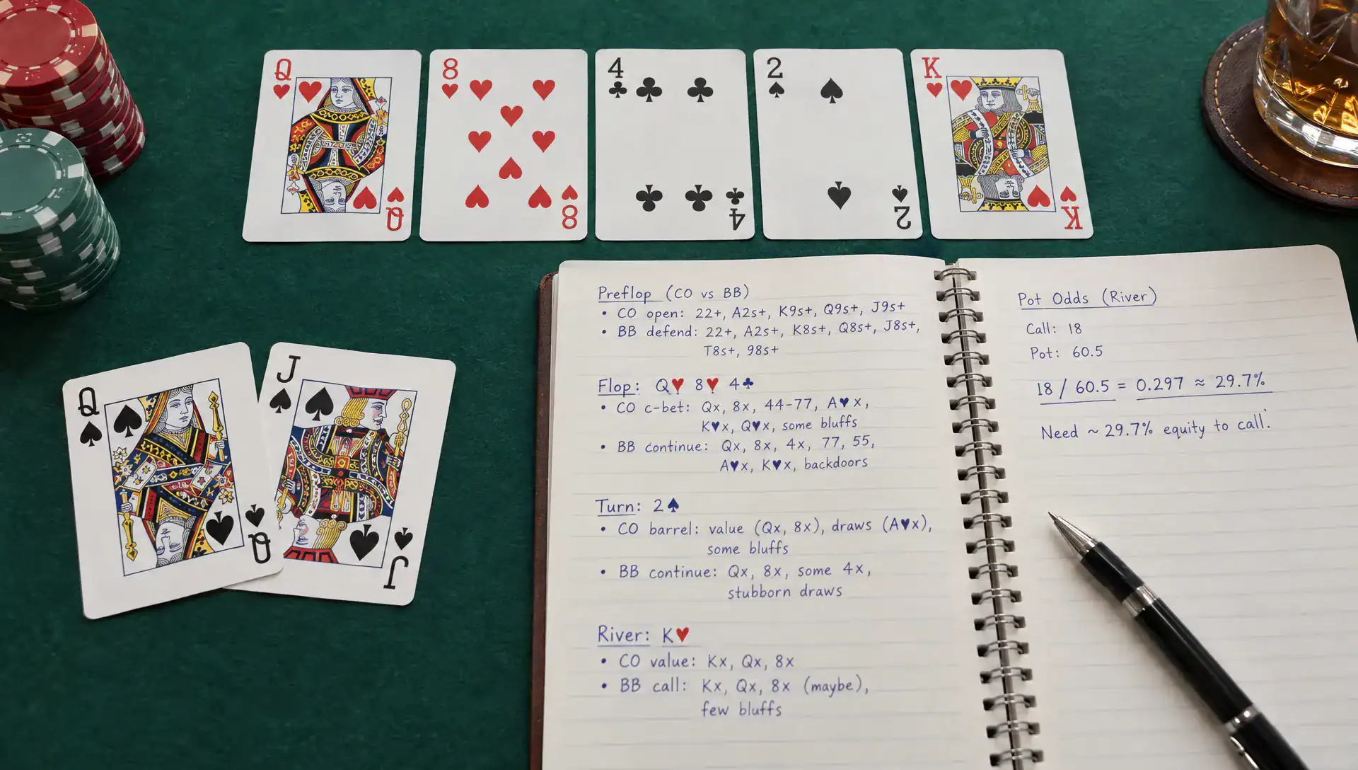 Q♠J♠ sits beside the Q♥8♥4♣2♠K♥ board and a notebook calculating river odds for hand-reading practice on free poker sites.